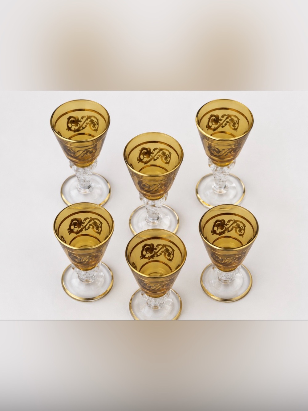 Vintage Murano Amber Gold Trim Etched Crystal Liqueur Glasses - Set of 6